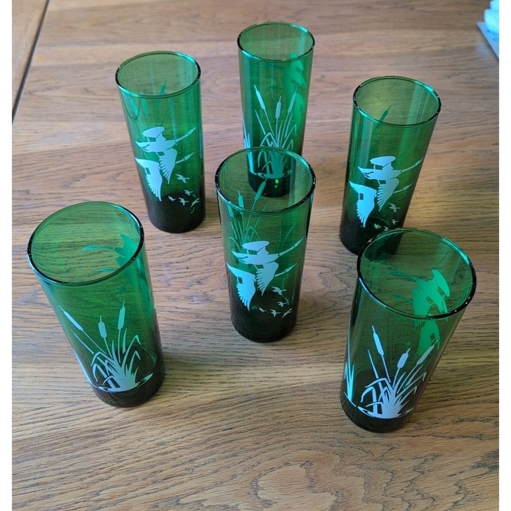 Anchor Hocking 1950 Emerald Green White Flying Geese Cat‎ tail 16 Oz Glasses EUC